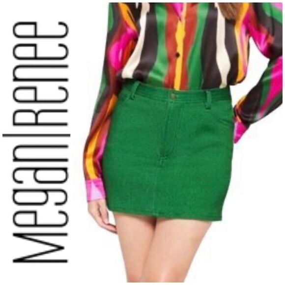 MEGAN RENEE - 🎉HP x 3🎉 NWOT - L Sz 33 (12/14) Green Denim Bodycon Mini Skirt - Picture 1 of 16